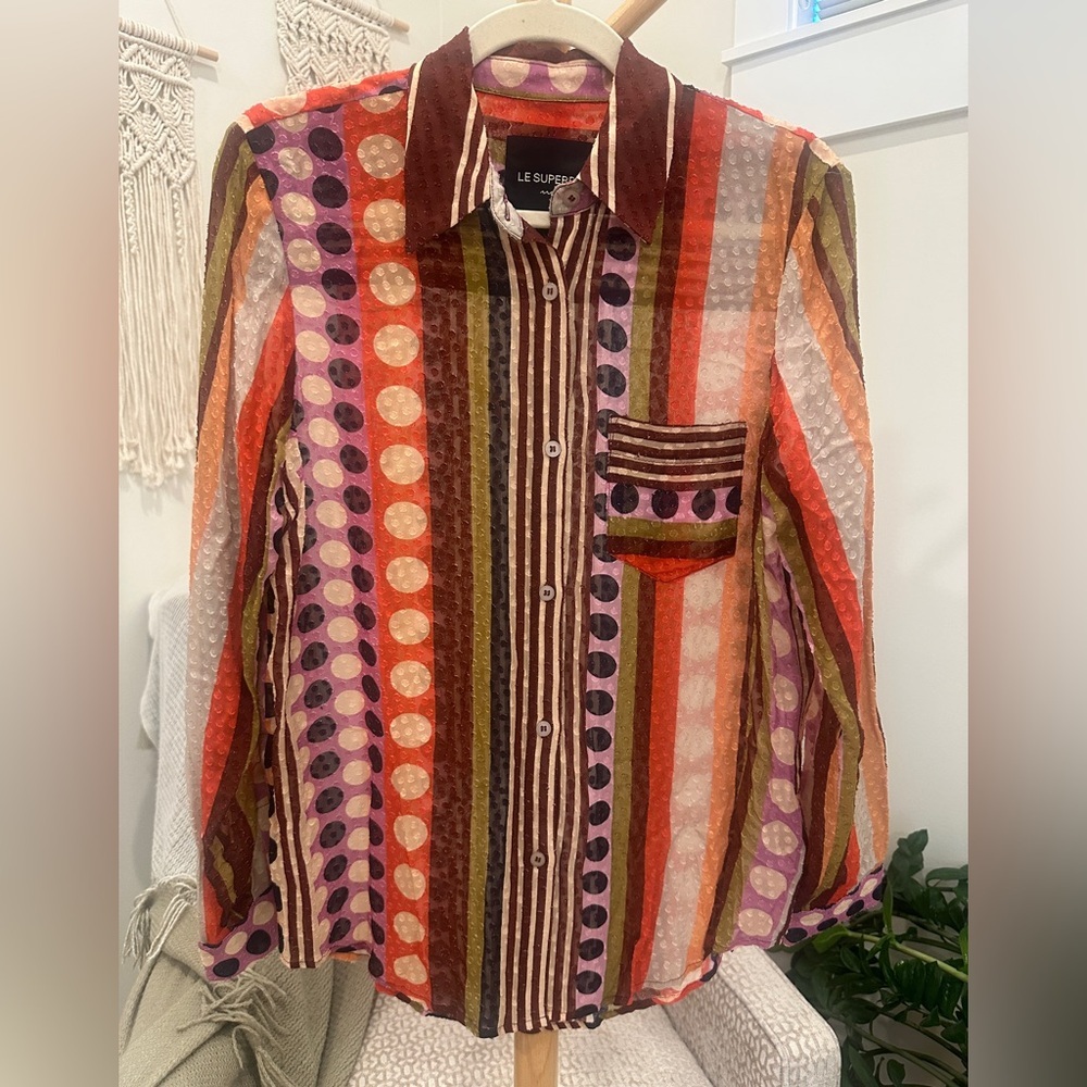 Le Superbe Mixed Print Striped Polka Dot Viscose Button Down Blouse - Picture 2 of 5